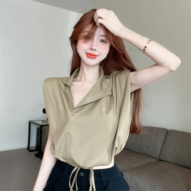 Harajuku Y2K Solid Vest Women Fashion Casual Sleeveless Summer Cropped Top Korean Lace Up Stand Chic Preppy Style Irregular Tank