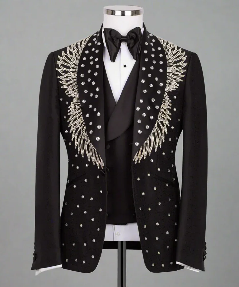 Rhinestone Decoration Men's Suit Exclusive Design , Party , Prom Men Tuxedo, Stone Embroidered Tuxedo Wedding Suit