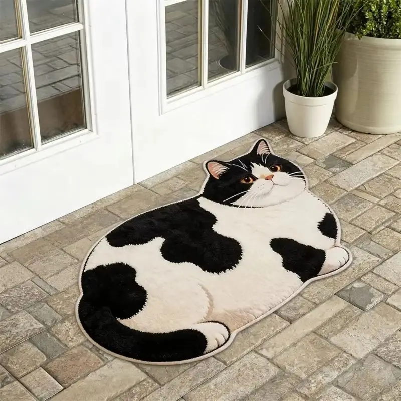 VIKAMA Cute Cat Shaped Rug Black White Kitten Irregular Small Carpet Non Slip Washable Soft Mat Bathroom Bedroom Decor