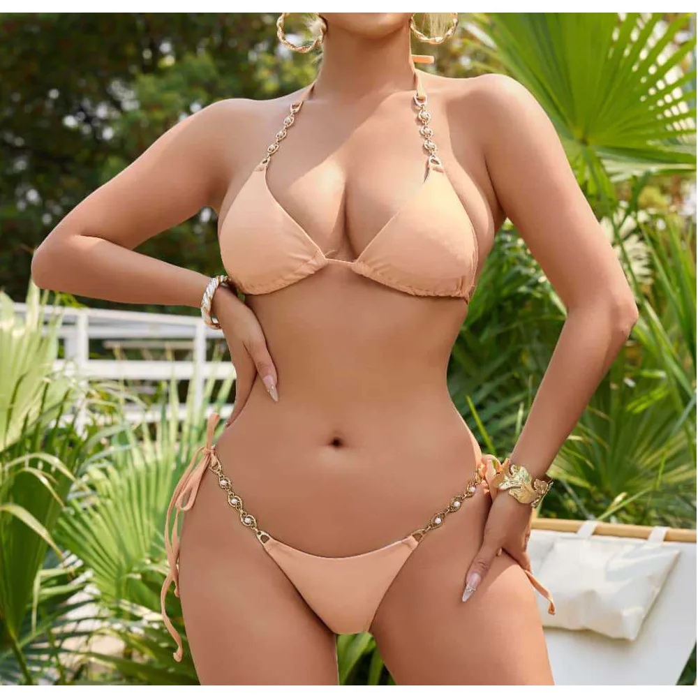 

2025 New Solid Color Metal Beading String Bikini Sets Sexy Two Piece Swimsuits Women's Summer Beach Sexy Bathing Suit