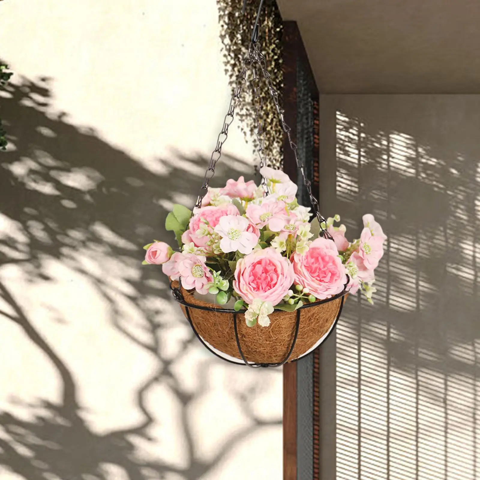Artificial Peony Flowers Basket Chain Flowerpot for Garden Home Courtyard