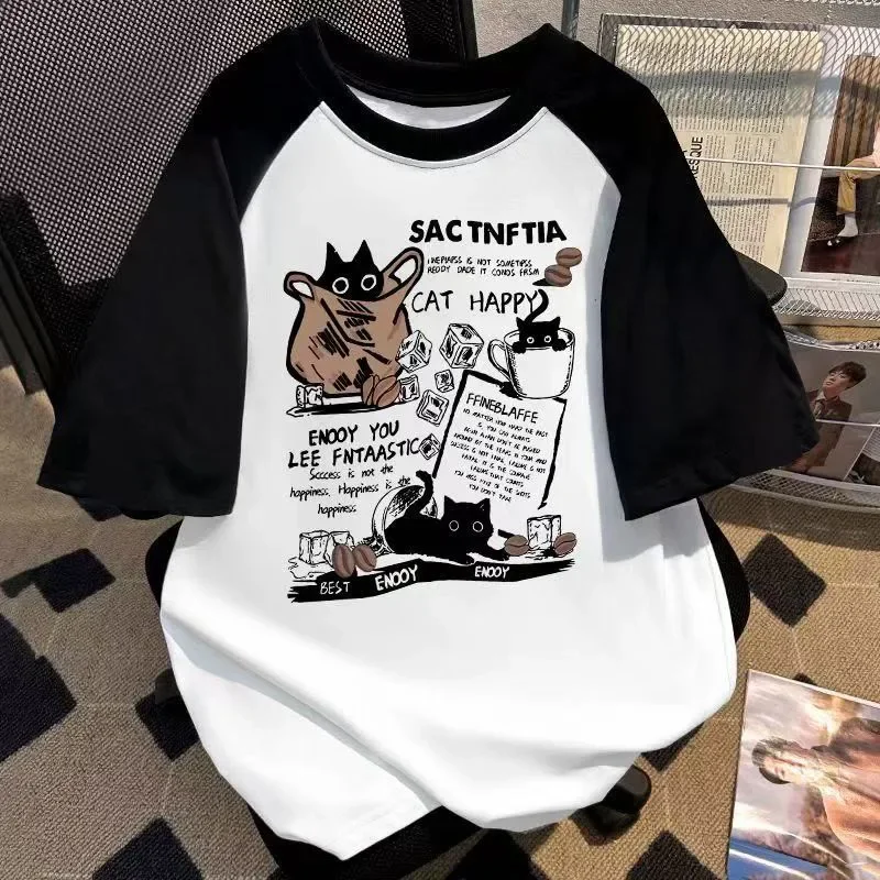 Novedad de verano, camiseta de manga corta con bonito gato de dibujos animados para mujer, Top informal de retazos redondo de talla grande