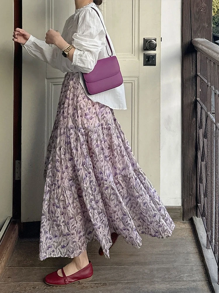 

Vintage Purple Floral Women Skirt 2025 Faldas Mujer De Moda High Waist Loose Jupe Chic Summer Korean Saia A-line Pleated Skirts