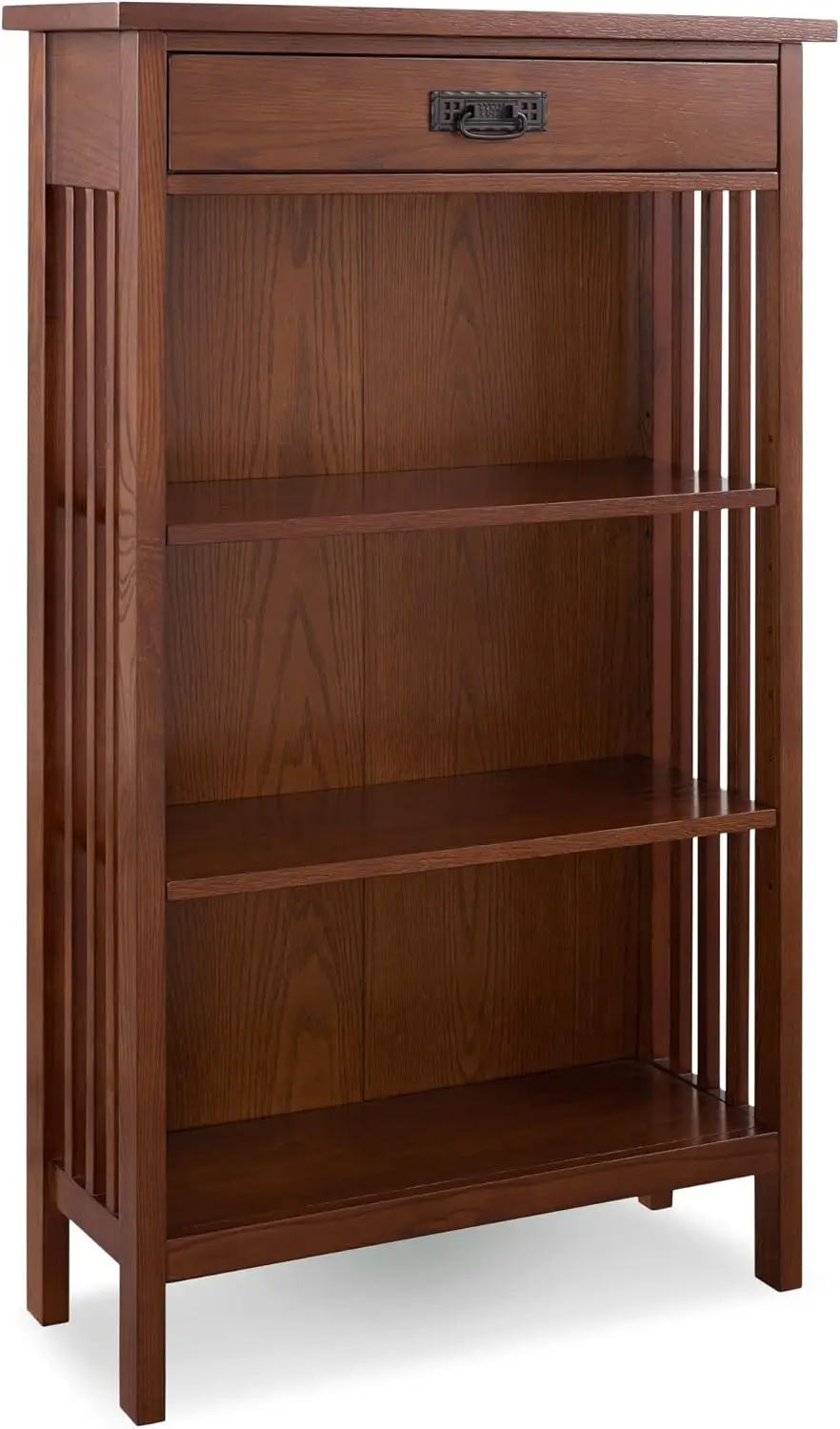 

Height Bookcase with Slatted Sides and Top Drawer Made with Solid Wood for Living Rooms Mission Oak Finish Brownbronze