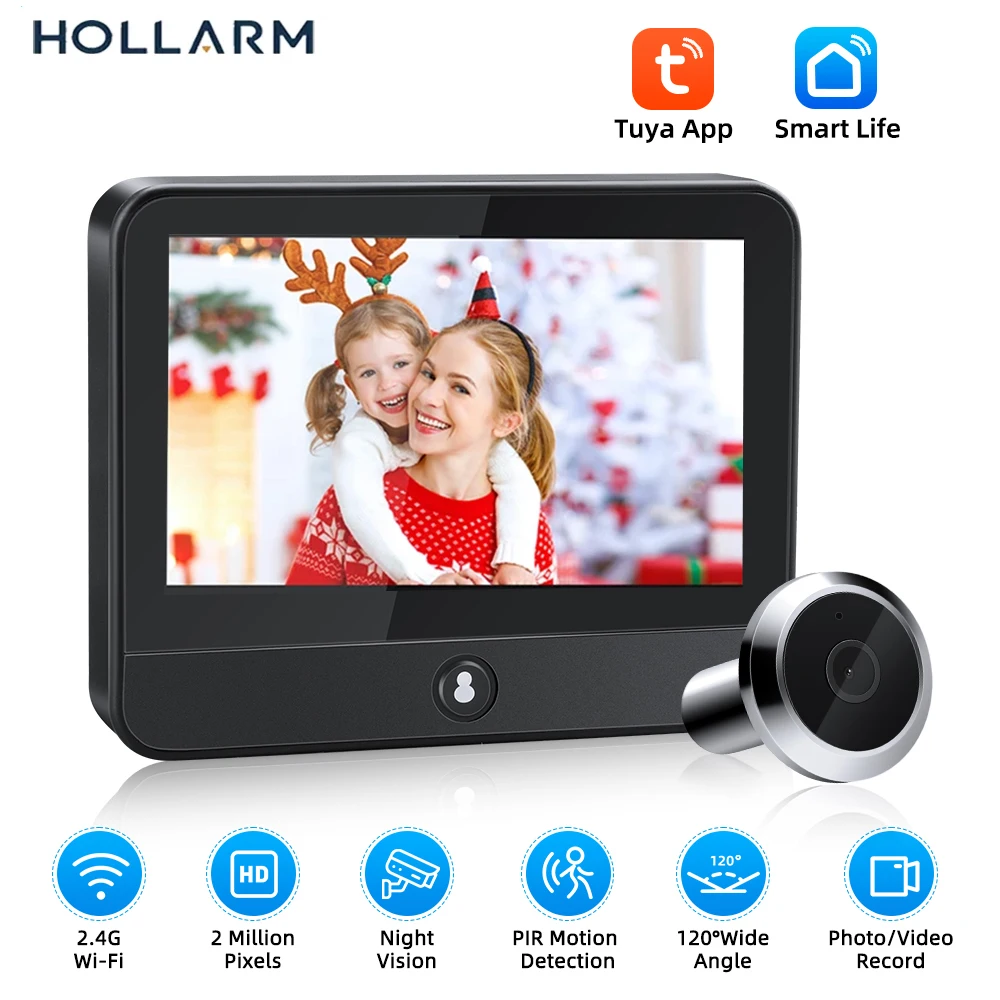 Hollarm Tuya Smart Door Peephole Camera 4.3Inch WiFi Digital Video Doorbell Home Security PIR Night Vision Motion Detection