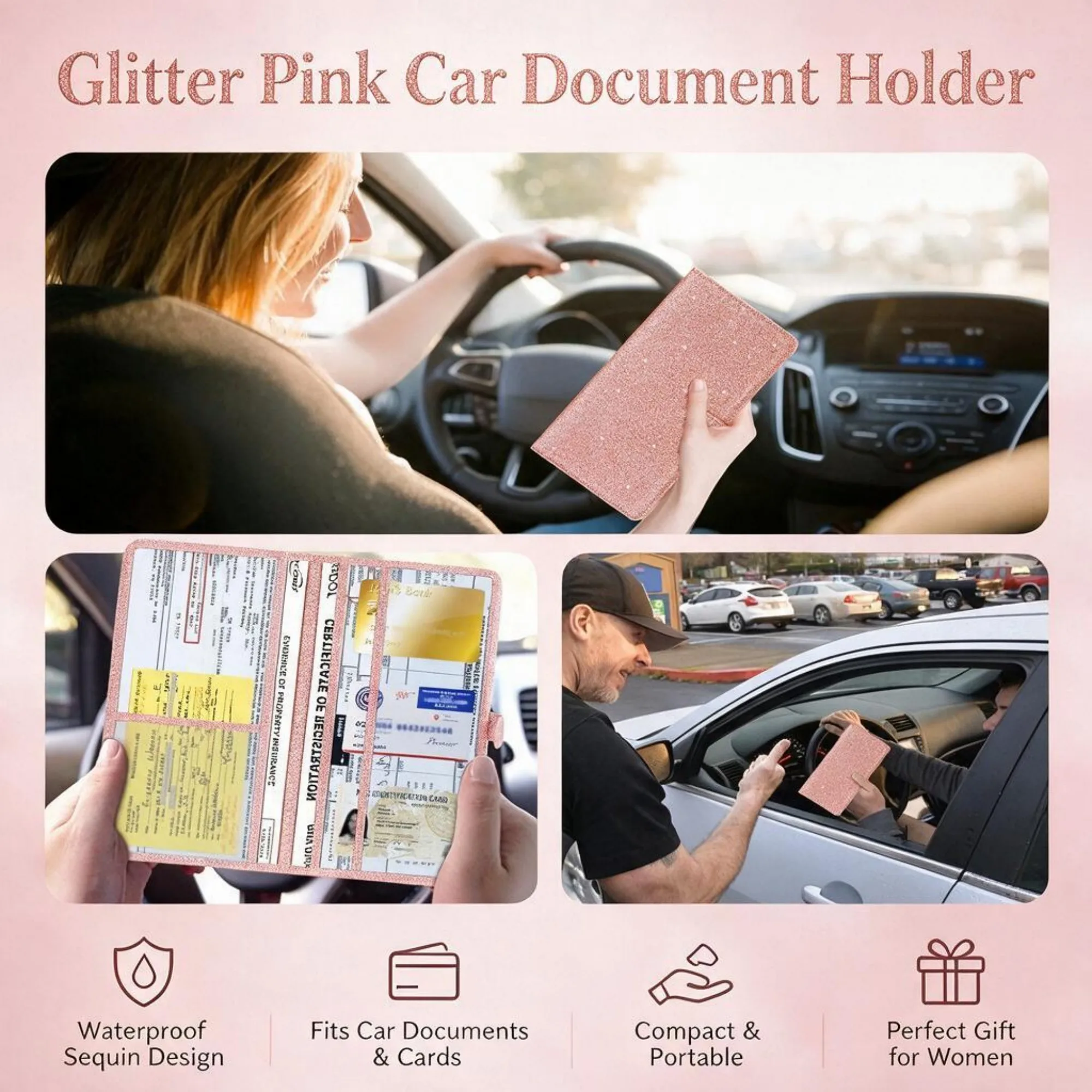 Sparkly Pink Car Document Wallet, 2026 Compact Lightweight Multi-Compartment Holder for Auto Registration Insurance License Cards, Car Glove Box Organizer, Ideal Present for Halloween Thanksgiving Christmas