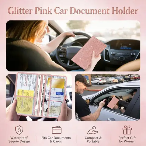 Sparkly Pink Car Document Wallet, 2026 Compact Lightweight Multi-Compartment Holder for Auto Registration Insurance License Cards, Car Glove Box Organizer, Ideal Present for Halloween Thanksgiving Christmas