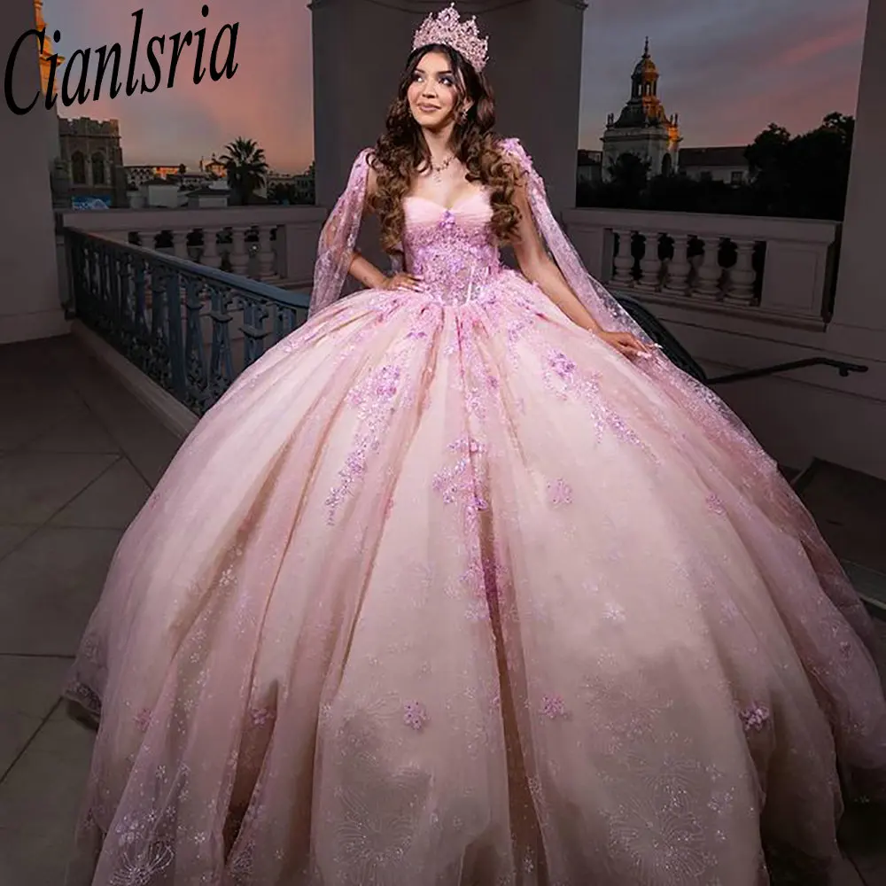 Pink Glitter Crystal Sequined Ball Gown Quinceanera Dresses With Cape Appliques Lace Beading Corset Vestidos De XV Anos