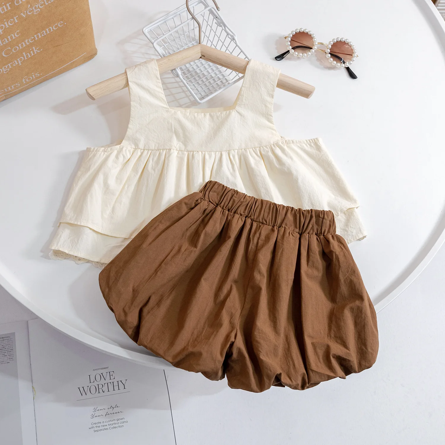 Children Lace Set Girl Stylish Square Neck Embroidered Doll Shirt Flower Bud Pants Two-piece Set Baby Girl Clothes