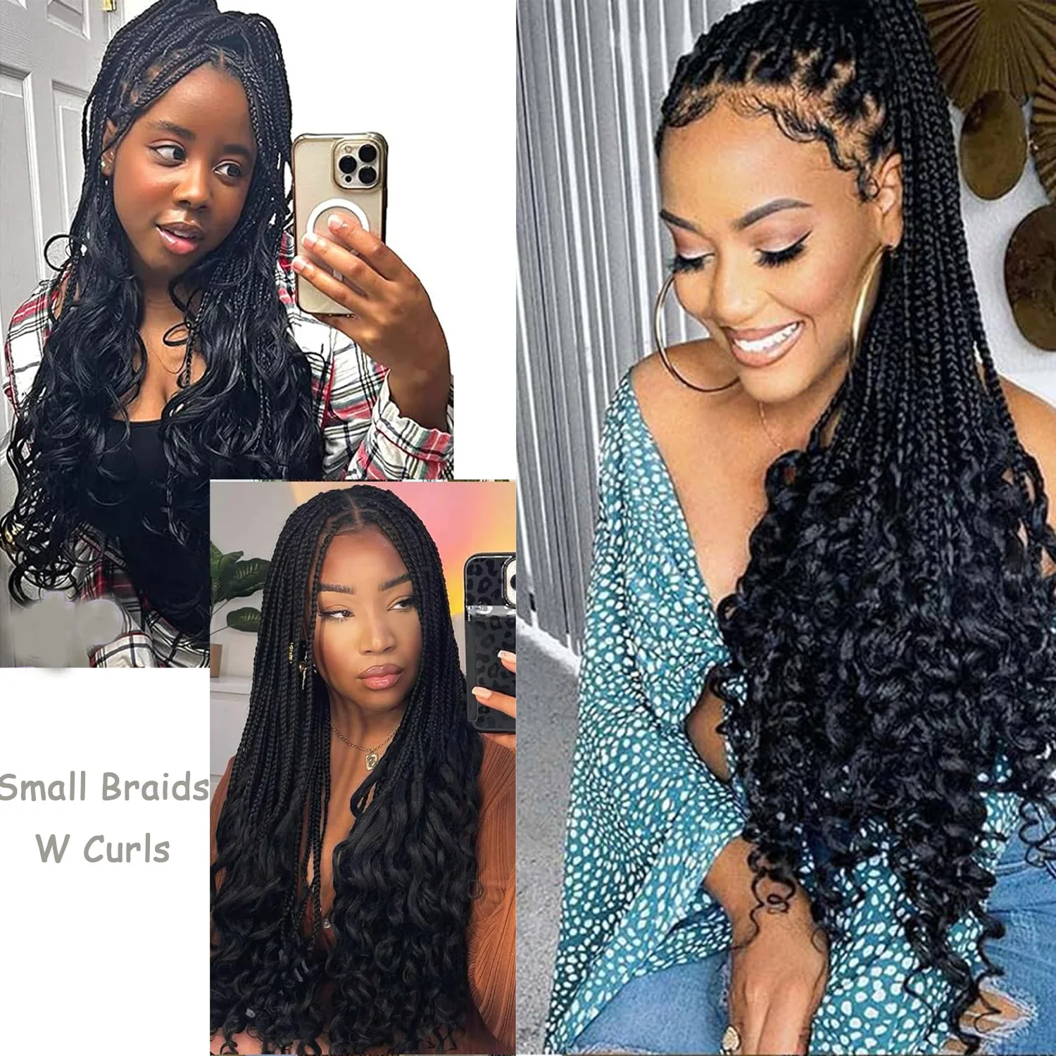 Trenzas pequeñas W Curls, pelo rizado de ganchillo, trenzas en caja de diosa con extremo rizado, adecuado para cabello trenzado sintético fácil de usar para mujeres