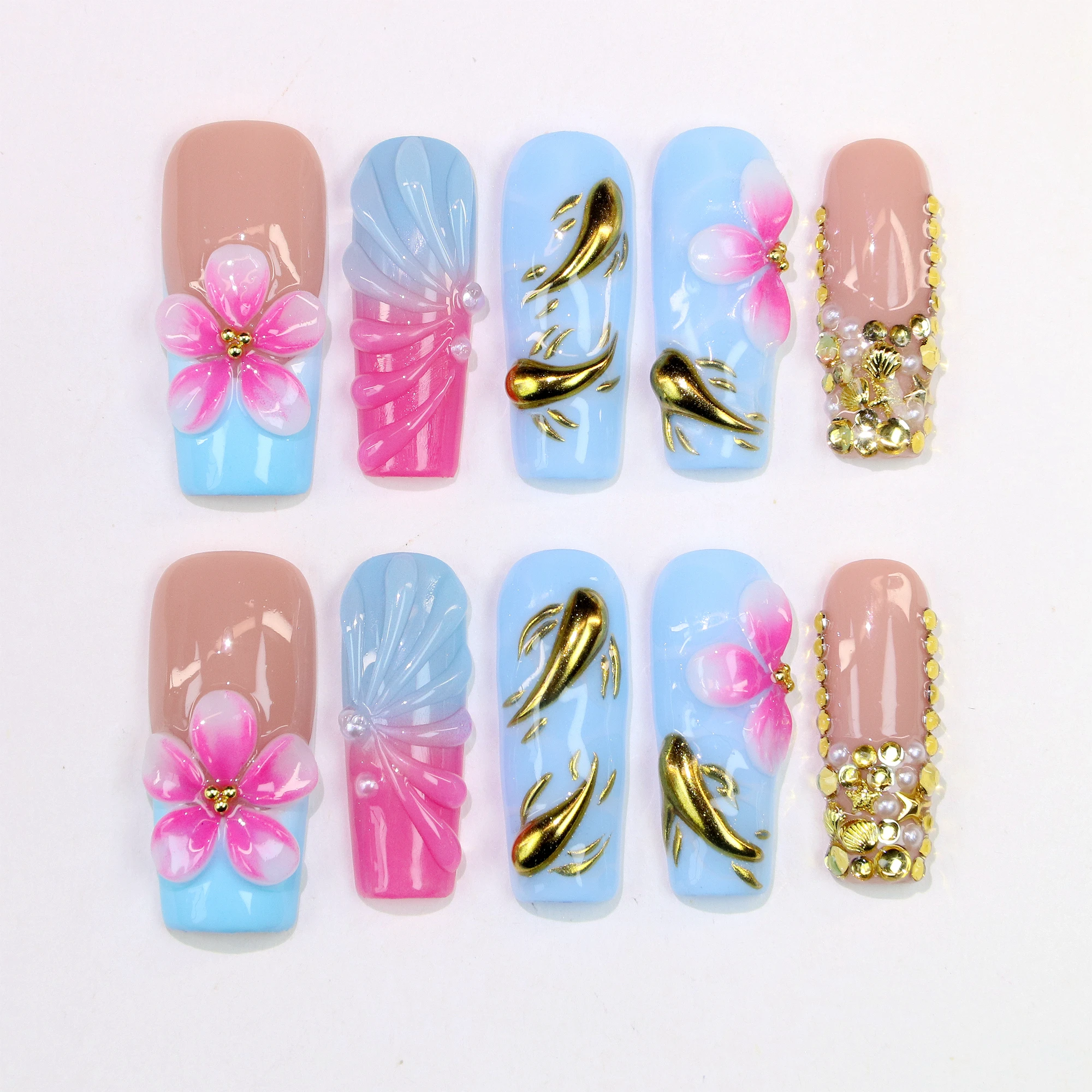 

10Pcs 30mm 3D Long Coffin handmade Manicure Press On Nails, Acrylic Fake Handpainted Flowers Custom Design Press Holiday Nails
