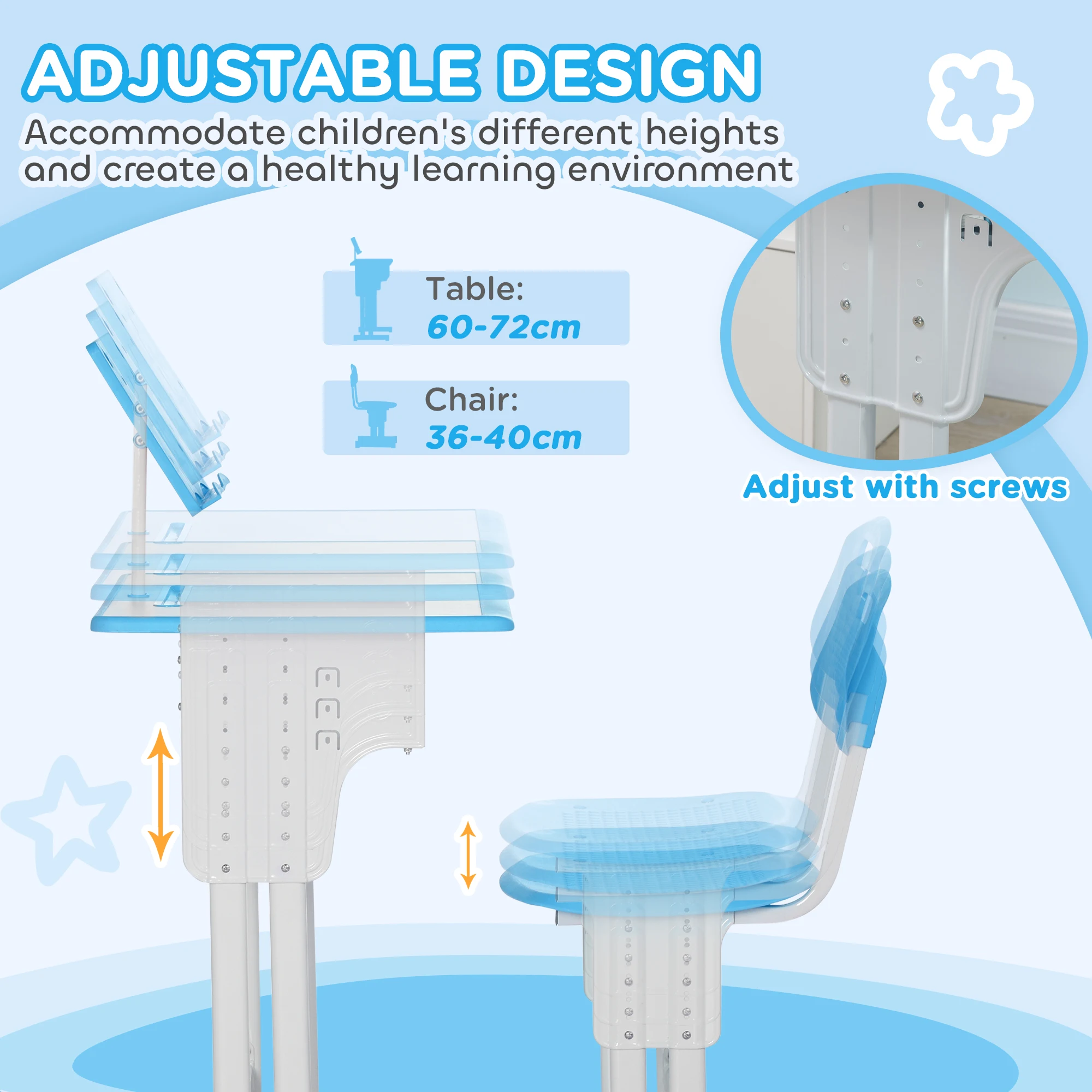 HOMCOM Kids Desk and Chair Set Adjustable Height Drawer Book Stand Blue