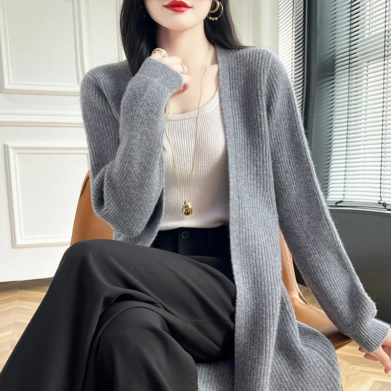 Autumn and Winter 2024 New Striped Wool Cardigan Women's Loose Thread Long Knitted Wool Coat