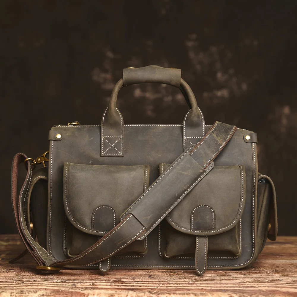 Nupugoo Vintage Echt leder Herren Aktentasche Umhängetasche verrückte Pferd Leder Handtasche mit 16-Zoll-Laptop – Detail 14