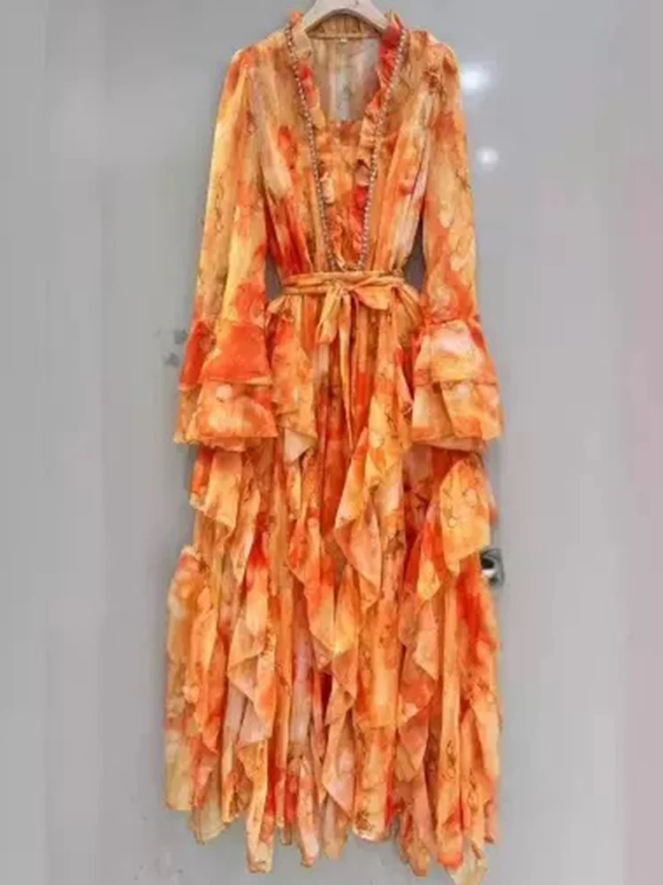 Primavera/verão 2025 novo vestido de manga comprida com decote em v com estilingue estampado elegante renda cintura camada de orelha de madeira sobre camada babados longo sk