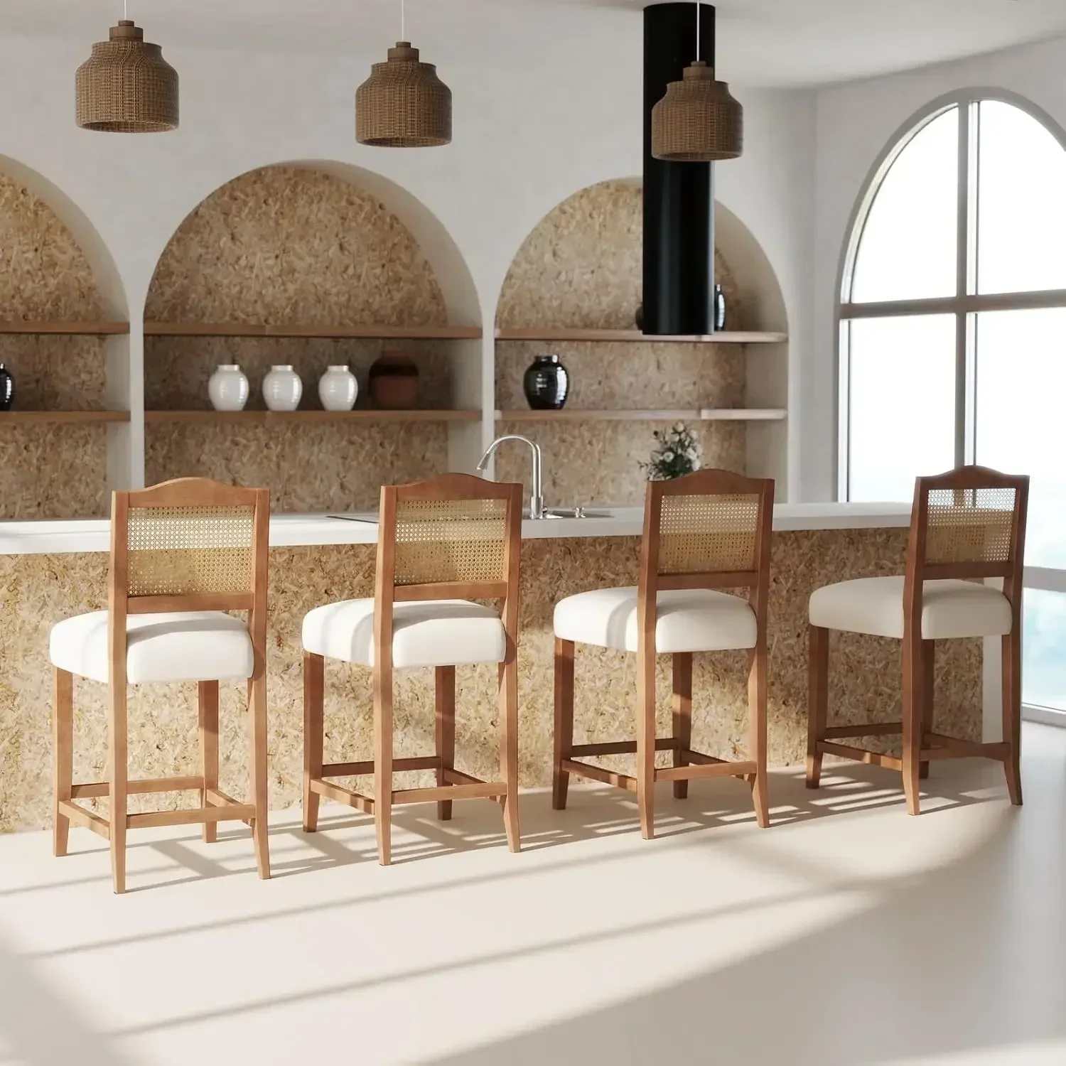 [أفضل بائع! ]مجموعة مقاعد بار بارتفاع مضاد مكونة من 4 مقاعد للبار من الروطان كراسي بار حديثة لمنتصف القرن لغرفة الطعام في المطبخ،