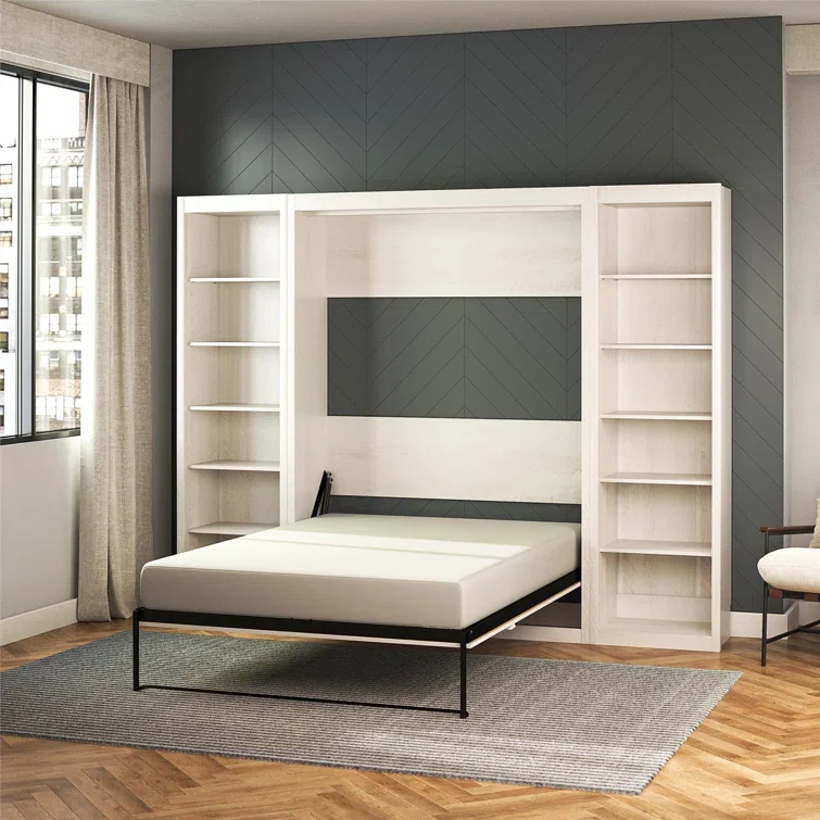 

Modern Custom Space Saving Home Furniture Vertical Double Queen king Size Murphy Bed with Side Storage Bookcasespromote sales