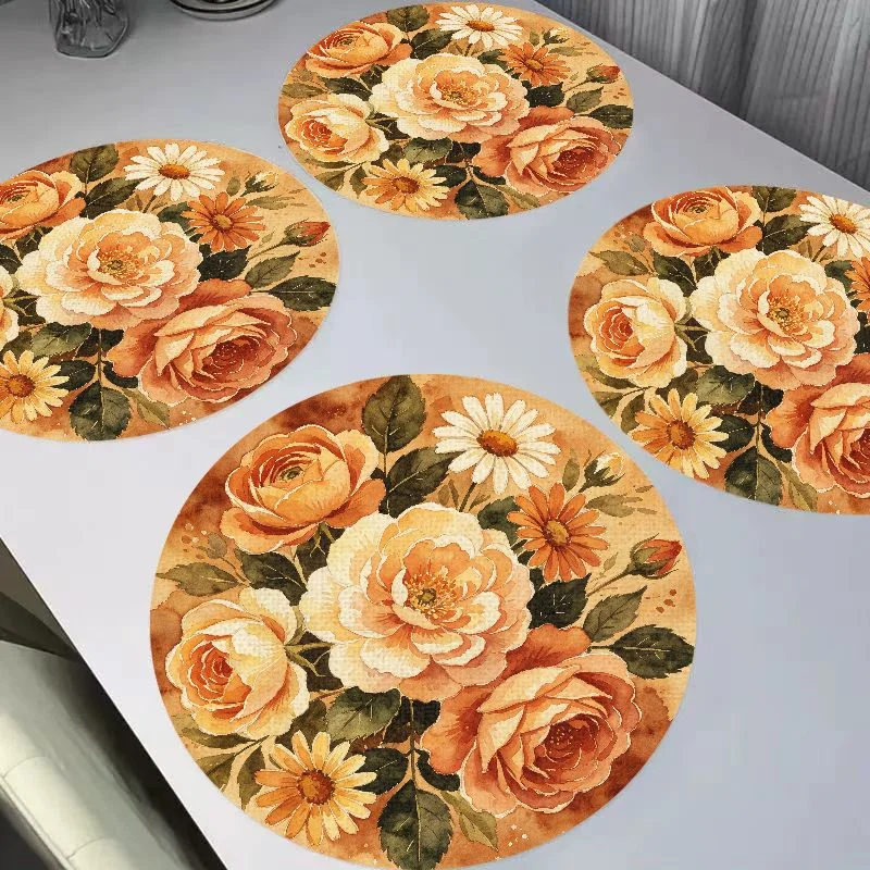 VIKAMA Retro Watercolor Champagne Rose Iris Round Flax Meal Linen Placemats Heat Resistant Waterproof Wear-Resistant