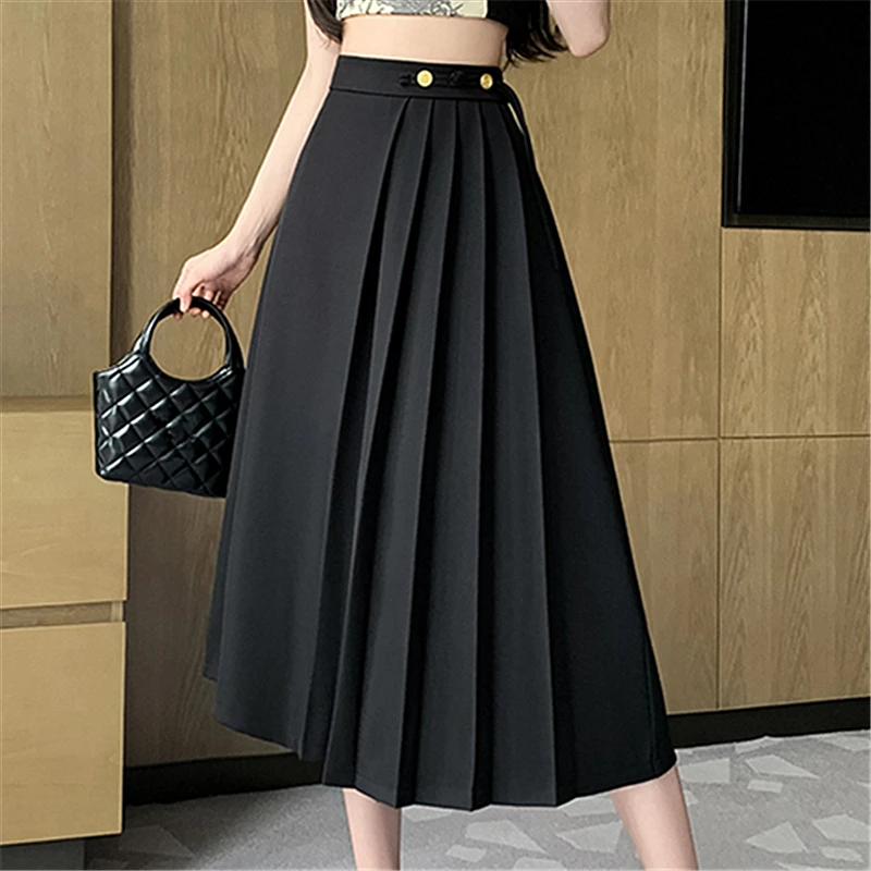 Seoulish Solid Color High Waist Women\'s Pleated Skirts Summer 2024 New Office Lady A-Line Mid Length Casual Skirts Female Spring