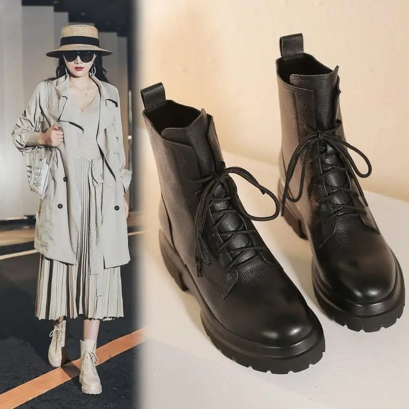 2026 new Women ankle boots Genuine Leather 34-40 cowhide+pigskin/plush round toe lace-up women short boots platform fashion