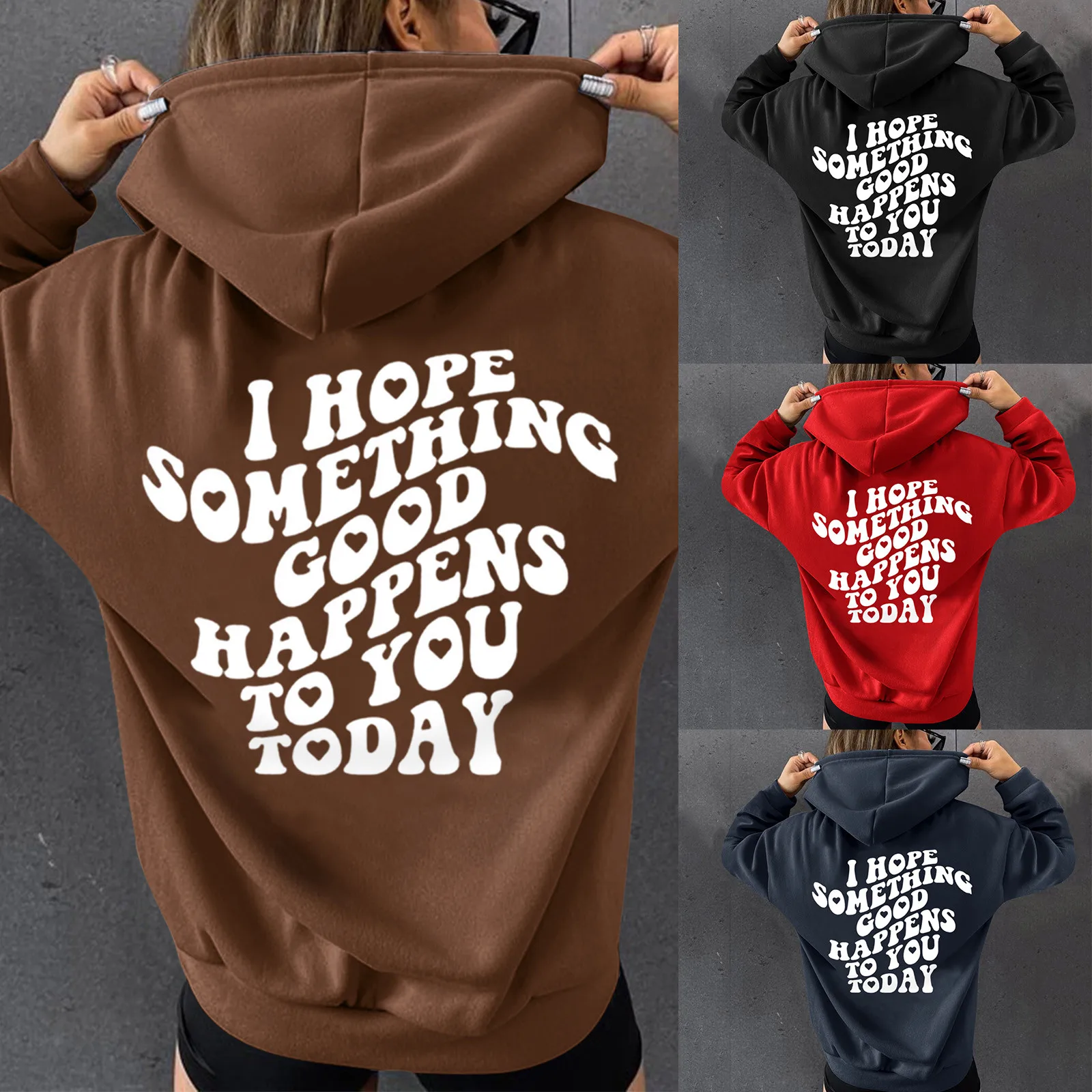 Ladies Loose Casual Sweatshirt Hooded Color-Blocking Fashion Top Long-Sleeved Soft Warm Printed Sweater Kpop Drawstring