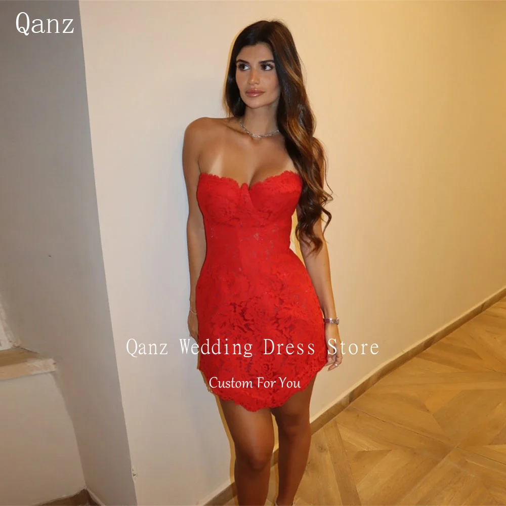 

Qanz Red Full Lace Appliques Prom Dresses Mini Party Dress Above Knee Sleeveless Elegant Dresses For Special Event Customized