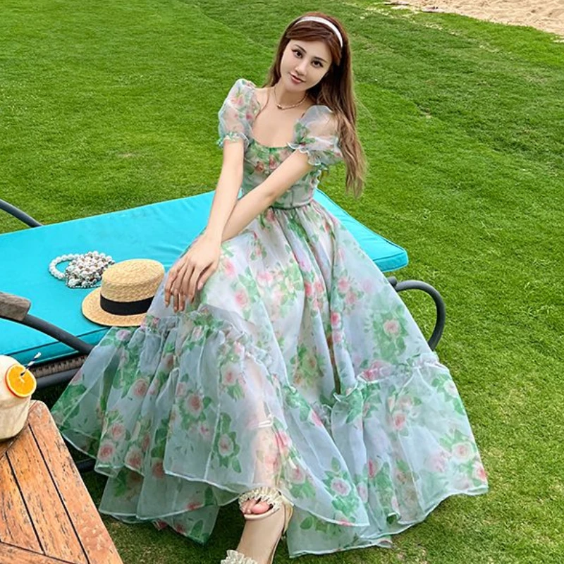 Pink Floral Print Green Chiffon Dress Spring Summer Fashion A-line Dress 2023 French Style Elegant Vintage Square Collar Dress