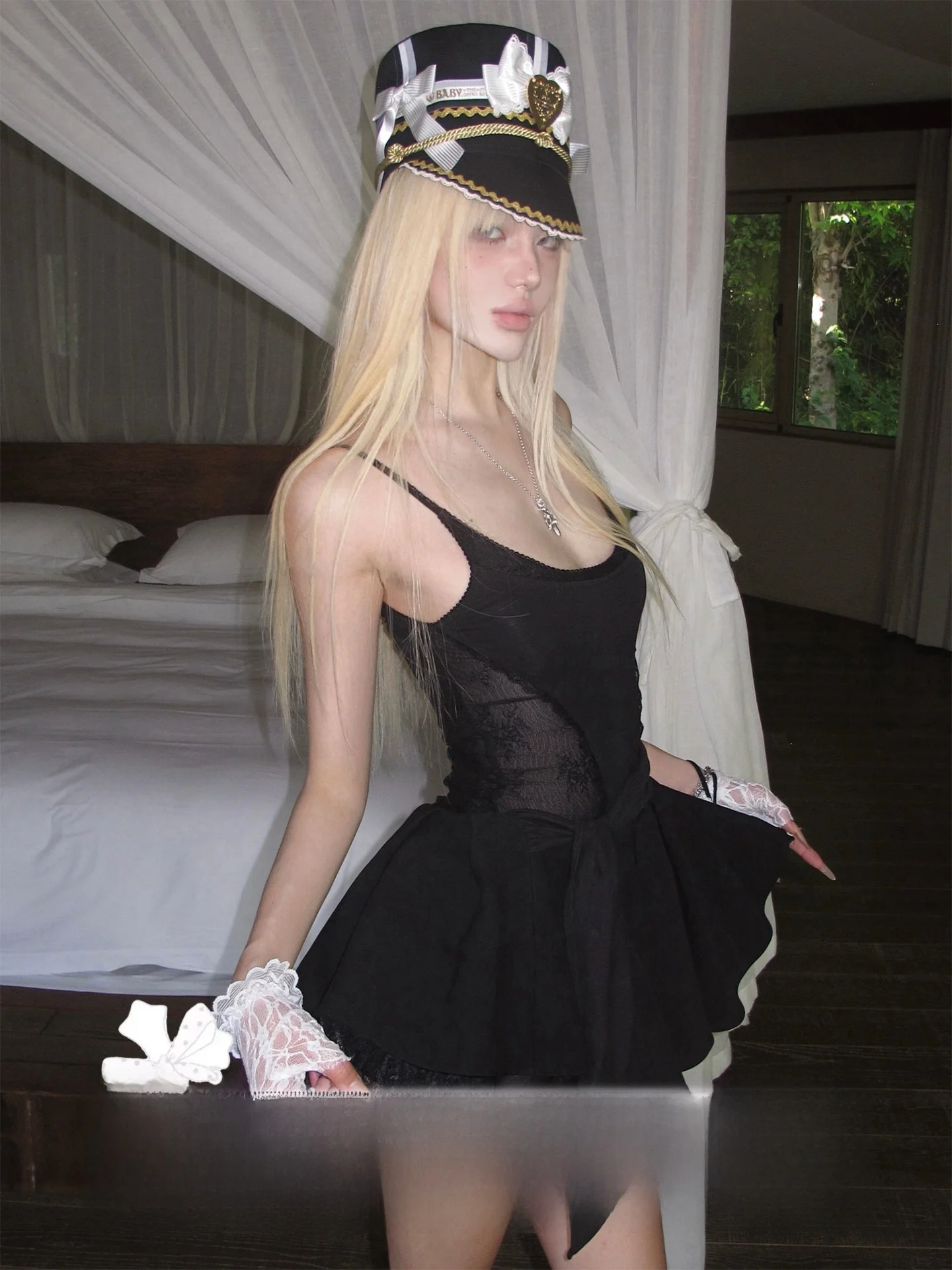 Rase Le Sol SwanSpinning Vestido corto con falda abullonada, tirantes de malla de encaje, estilo vestido negro de cumpleaños,...