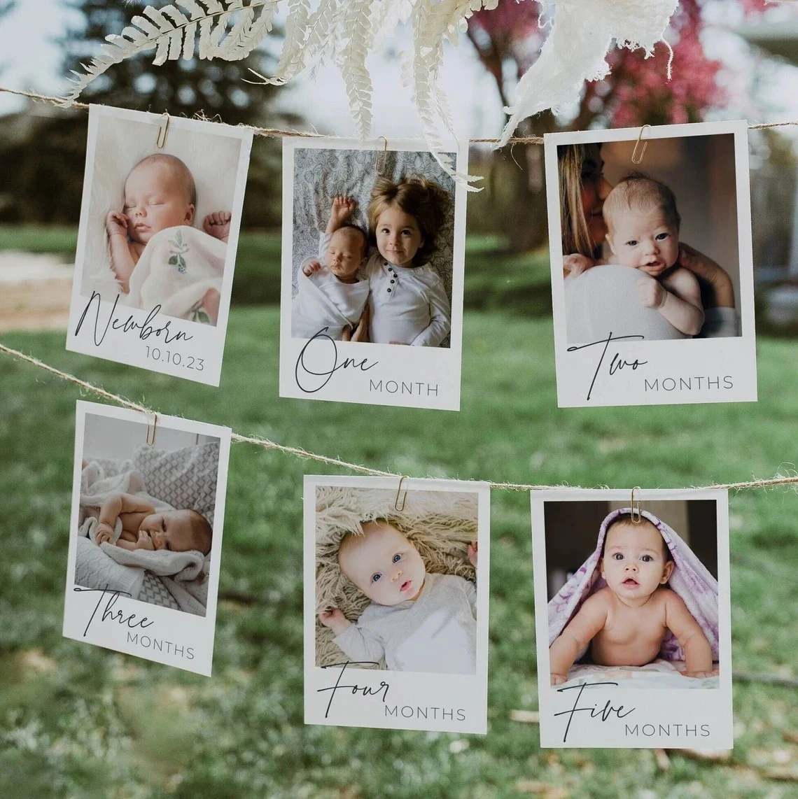Foto-Banner-Vorlage zum ersten Geburtstag, monatliche Meilensteinkarten für das 1. Jahr des Babys, druckbare moderne Fotogirlande, sofort
