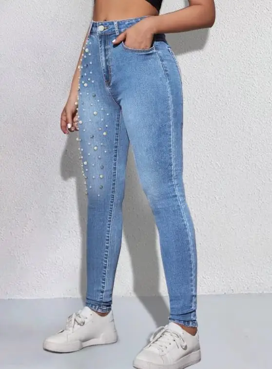 Sexy Beaded Hot Diamond Jeans for Women's New Versatile In Spring Clothing Hole Breaking Elastic Waist Slimming & Denim Pants
