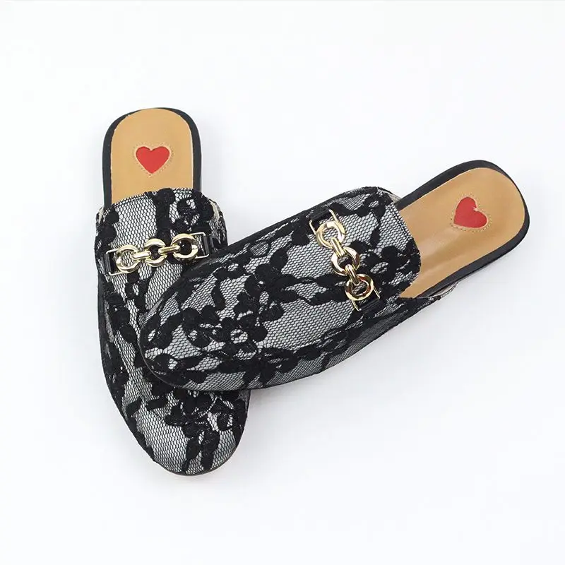 Lenkisen 2024 Genuine Leather Slip On Outside Slippers Oriental Embroider Mules Metal Decoration Streetwear Fashion Women Shoes