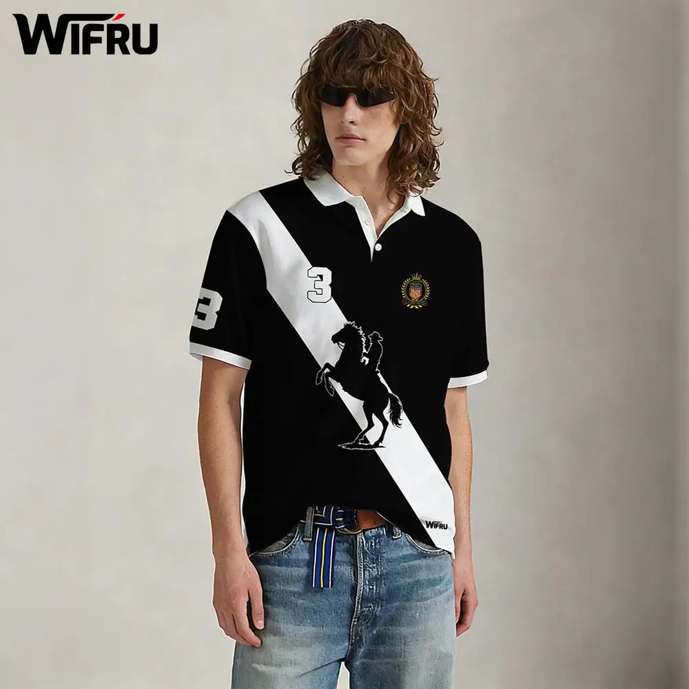 New Black And White Stripe Polo Shirt Men's WIFRU Summer Equestrian Print Casual Lapel Top Outdoor Sports Breathable Golf Shirt