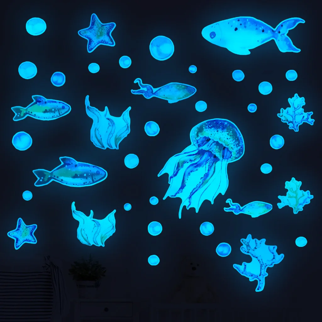 

Cartoon Ocean Animal Luminous Sticker Fish Octopus Jellyfish Glow In The Dark For Children's Room Fluorescent Decals Room Decor