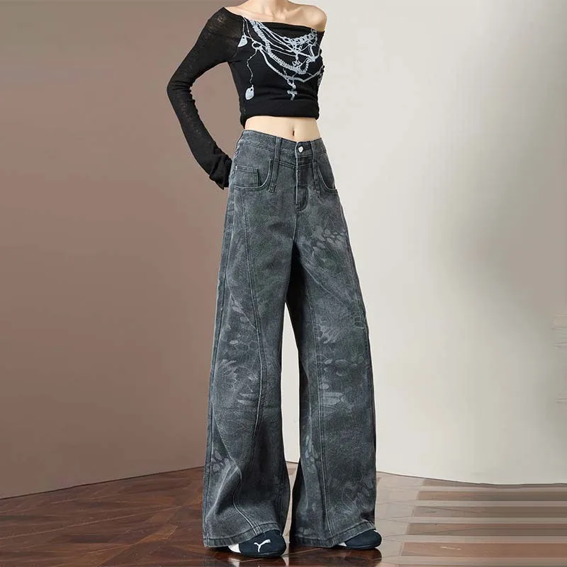 Nuevos pantalones vaqueros con estampado negro y gris para mujer, pantalones de pierna ancha Retro de cintura alta para otoño e invierno, pantalones vaqueros informales para mujer