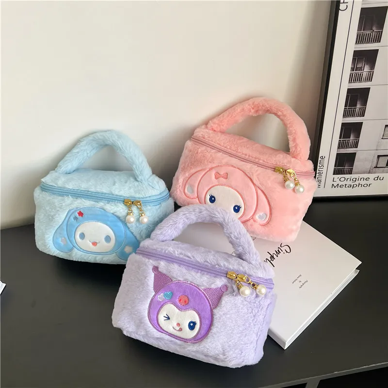 Sanrio-Plush saco cosmético para crianças, bonito, minha melodia, Cinnamoroll, Hello Kitty, Kulomi, desenhos animados, bolsa, presentes de