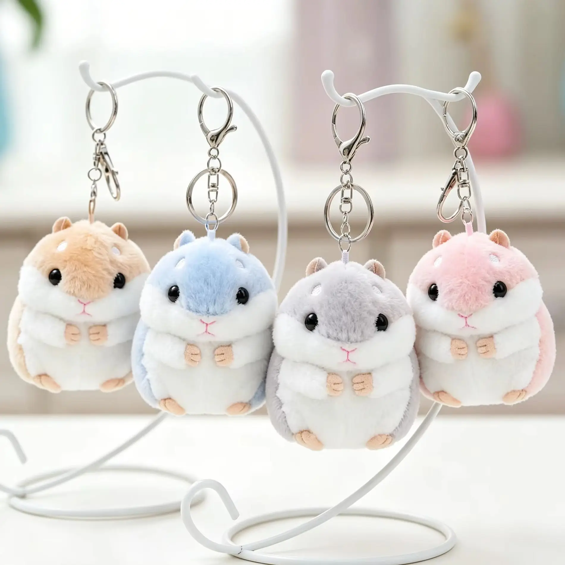 10cm Fluffy Hamster Doll Plush Toys Keychain Women Girl Faux Fur Pompom Key Ring Trinkets Handbag Backpack School Bag Pendant