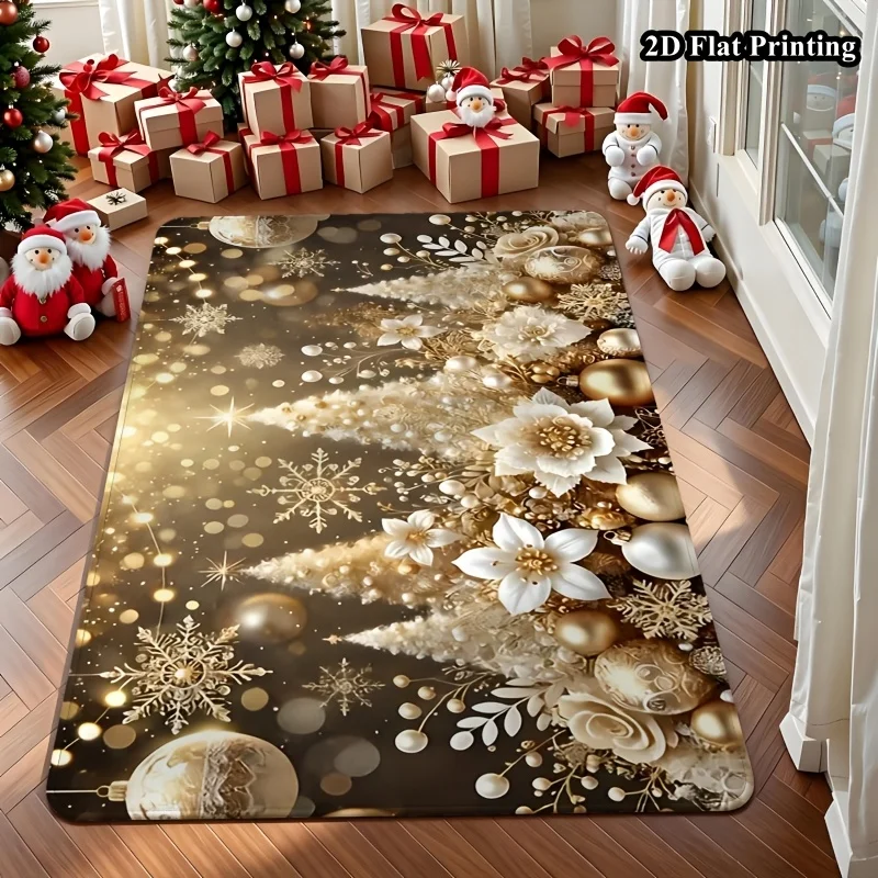 1pc 2D Flat Christmas Rug, Golden Christmas Tree & Bauble Print, Machine Washable, Soft, for Entryway, Living Room, Bedroom