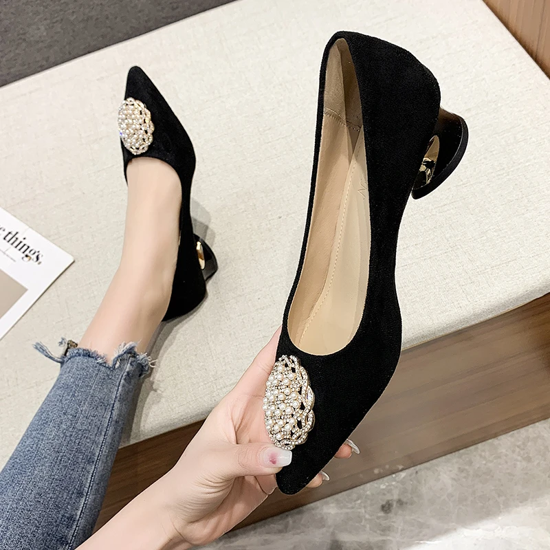 2022 Womens Pumps Solid Pointed Toe Suede Chunky High Heels Rhinestone Decoration Party Shoes Gladiator 35-43 Kopmkp Fashion