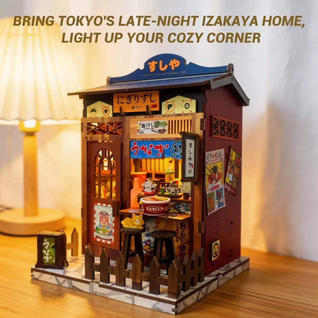 

DIY 3D Wooden Japanese Sushi Restaurant Jigsaw Puzzles Miniature Model Kits with Lights for Friends Birthday Gifts