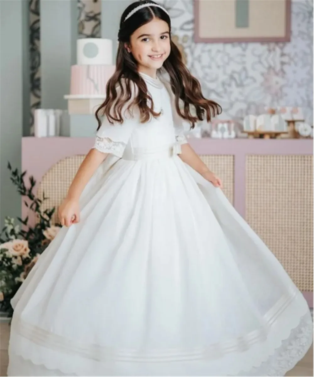 

Holy Flower Girl Dress Lace Appliques with Bow Half Sleeve Wedding Birthday Party Banquet Princess Dress First Communion Gown