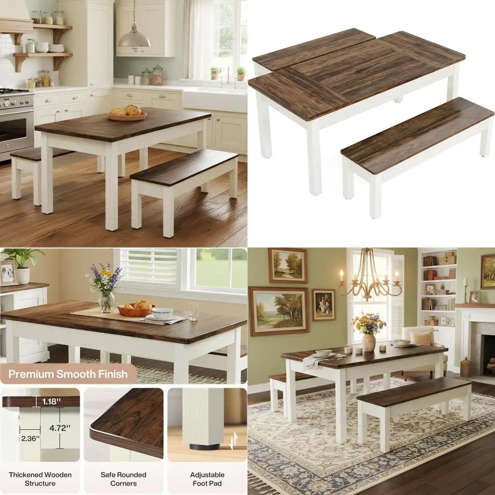 

Space-Saving 55 Dining Set for 4-6, Wooden Breakfast Nook with 2 Benches, Suitable for Small Spaces (White & Brown)