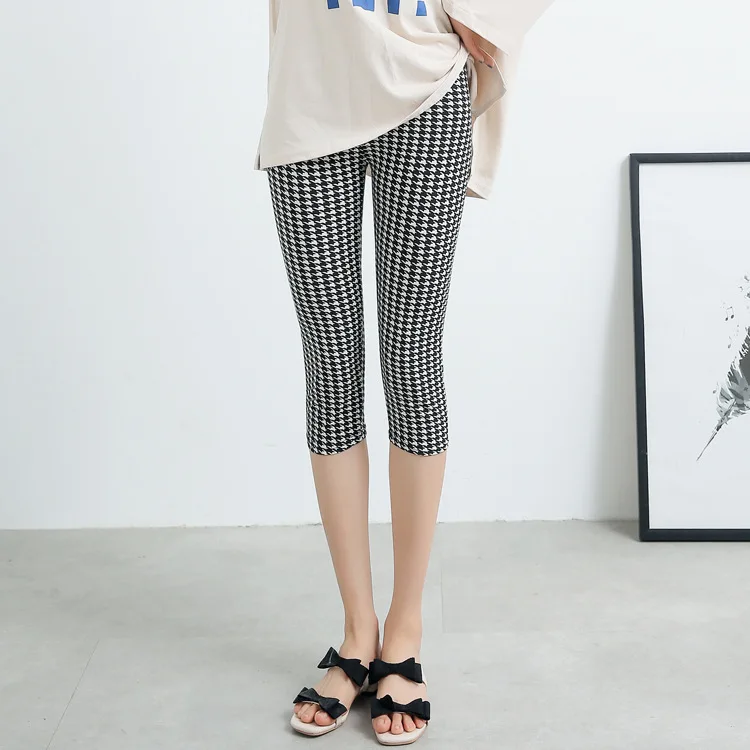 Milky Silk Printed Slimming Seven-Foot Pants Women's Thin Elastic Base Layer Trousers Casual Tight Fit Abdomen a Polyester