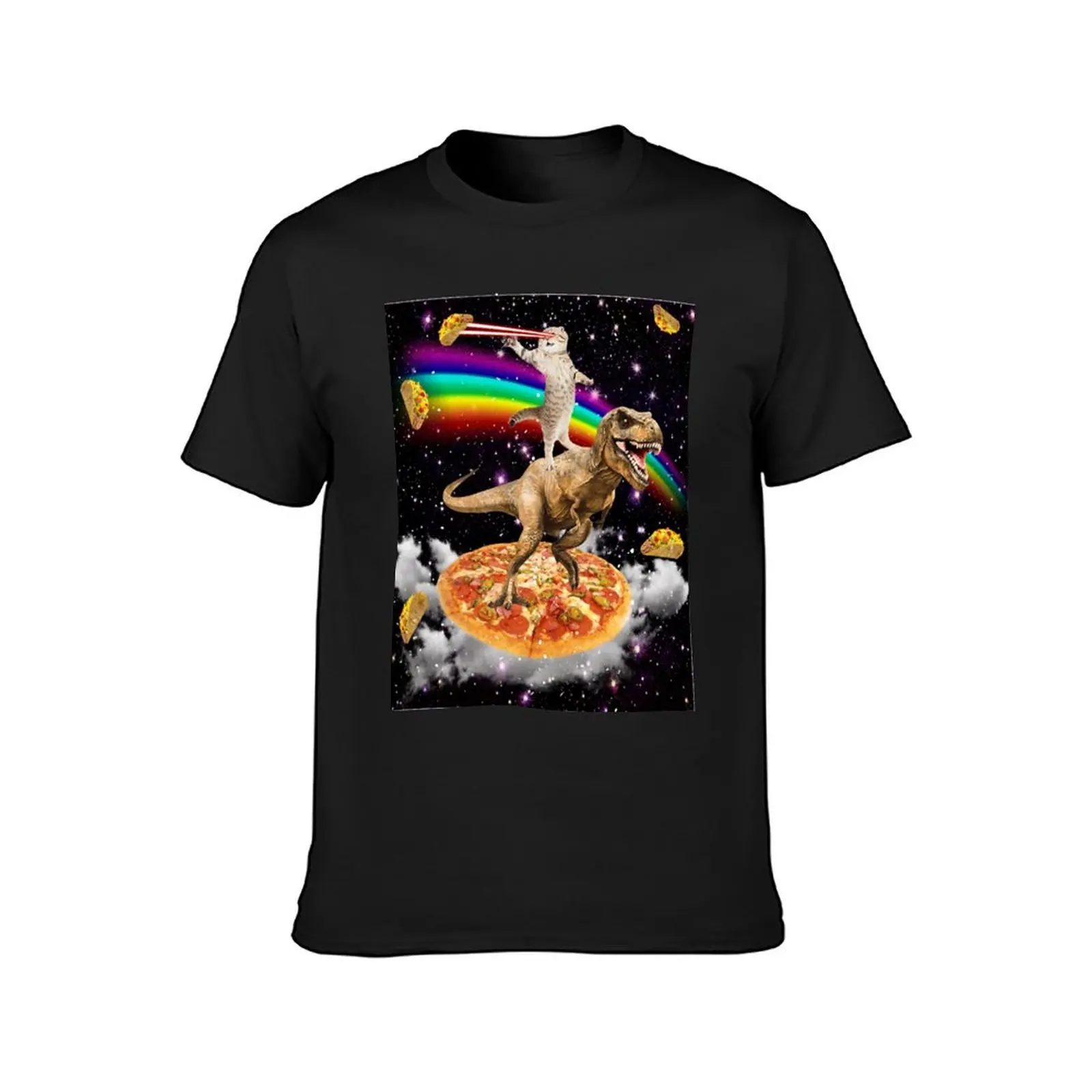 Galaxy Laser Eye Cat on Dinosaur on Pizza with Tacos & Rainbow Classic T-Shirt Aesthetic clothing for a boy mens t shirts