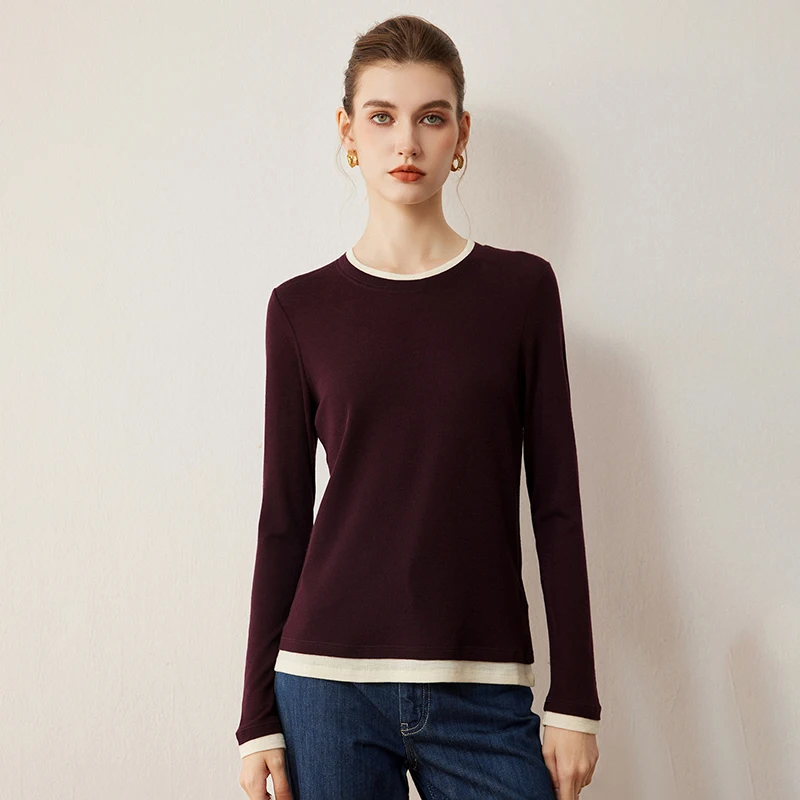 2026 Early Spring Spun Thin Round Neck Knitted Sweater 100% Spun Wool Sweater Machine Washable Fake Two Piece Versatile Sweater.