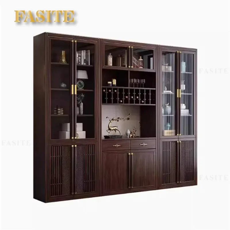 For New Chinese Style Ebony Solid Wood Bookcase Floor to Ceiling Glass Door Dust Proof Wine Cabinet Storage Large Capacity