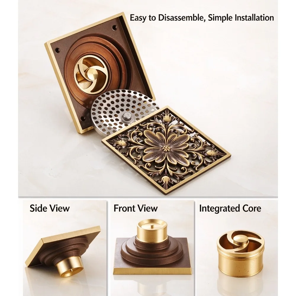 Antique Brass Carved Square Floor Drain  Pop-up Anti Odor Shower Drain Deodorant Insect-proof Bathroom Floor Drain Strainer