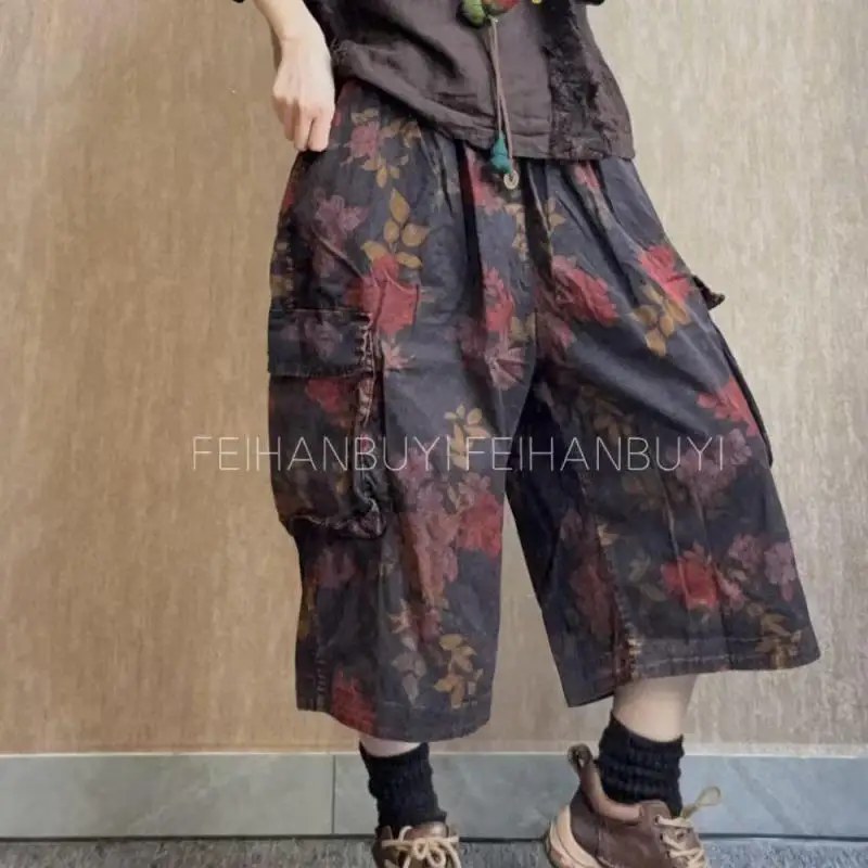 Summer Arts Style Women Elastic Waist Loose Casual Calf-length Pants Double Pockets Vintage Floral Print Capris Harem Pants F812