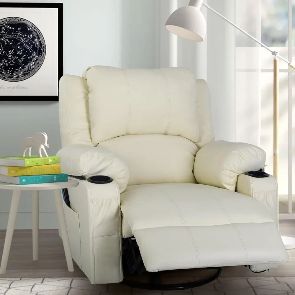 Cadeiras reclináveis de balanço com calor, cadeira de massagem reclinável giratória de couro para sala de estar, espreguiçadeiras reclináveis manuais
