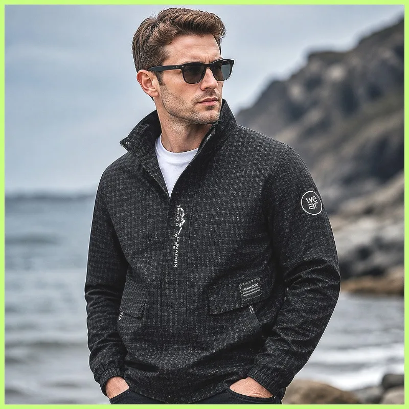 Men's Plaid Checkered Stand Collar Flight Jacket Casual Workwear Windbreaker Lightweight Autumn Vintage Streetwear Oversized