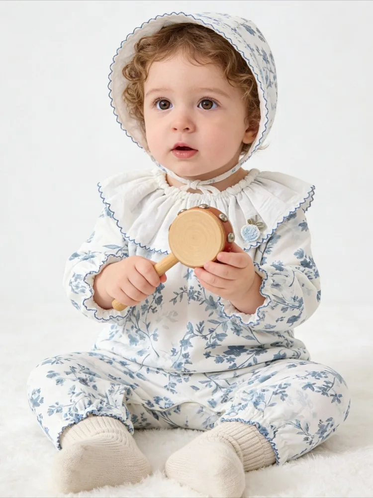 

Elegant print spring and autumn baby cotton long sleeve jumpsuit outdoor wear children's triangle khai bib O-neck crawling suit